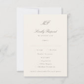 フォーマルなタウペの結婚式のRSVP食事選択カード 出欠カード (正面)