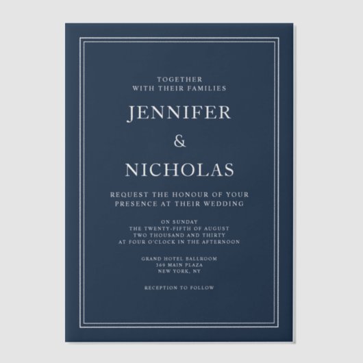 フォーマルなネイビーブルーの結婚式 ベラム紙招待状 (正面)