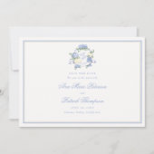 フォーマルなハイドランジアの紋章が付いた青とアイボリーのフレームのウェディングドレス セーブザデート (正面)