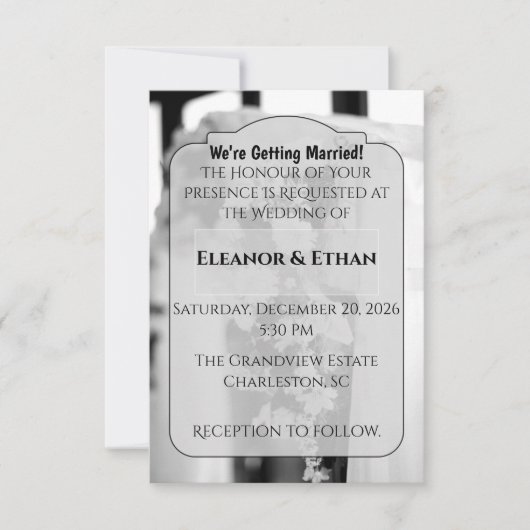 フォーマルなブラックタイのホワイトフラワーセレモニー ウェディング 招待状 (正面)