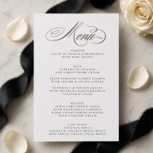 フォーマルなブラックレタープレスの結婚式メニューカード