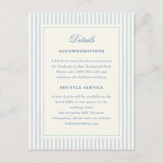 フォーマルなプレッピー フレンチ ブルー ストライプの案内カード エンクロージャーカード (正面)