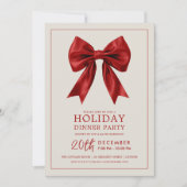 フォーマルなホリデー・ディナー・パーティーの赤いサテンのリボン 招待状 (正面)