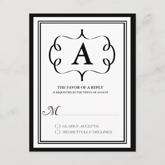 フォーマルなモノグラムの返信カード ブラック 出欠カード (正面)
