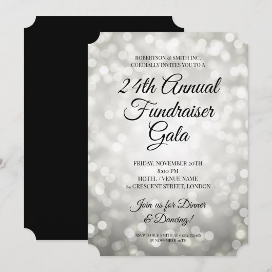 フォーマルな企業ファンドレイザーパーティー シルバーライト 招待状 (正面/裏面)