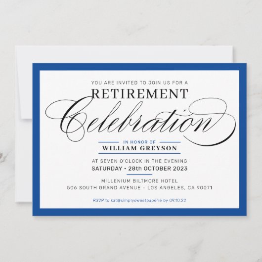 フォーマルな引退パーティー 現代風 ゴージャス ロイヤルブルー 招待状 (正面)