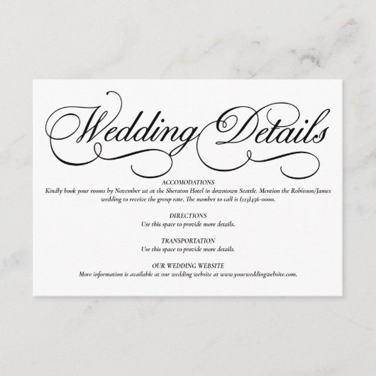フォーマルな白い結婚式の詳細カード エンクロージャーカード (正面)
