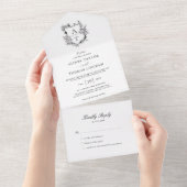 フォーマルな紋章 黒と白のモノグラム ウェディング オールインワン招待状 (貼ってはがせる)