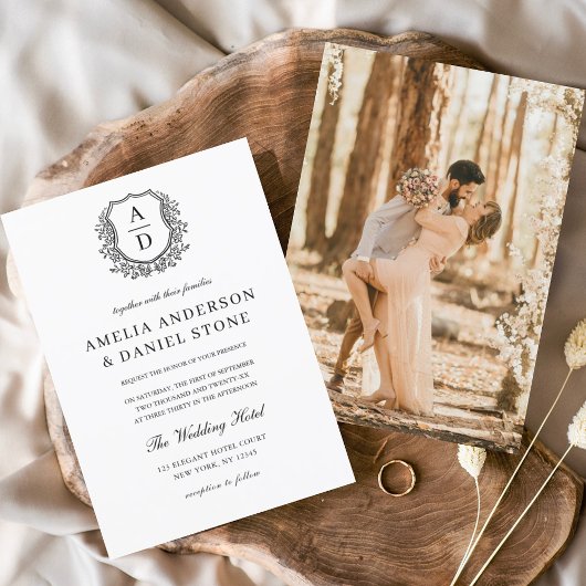 フォーマルな花の紋章モノグラム写真ウェディング 招待状