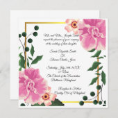 フォーマルな表現のピンクとグリーンの花のウェディング 招待状 (正面/裏面)