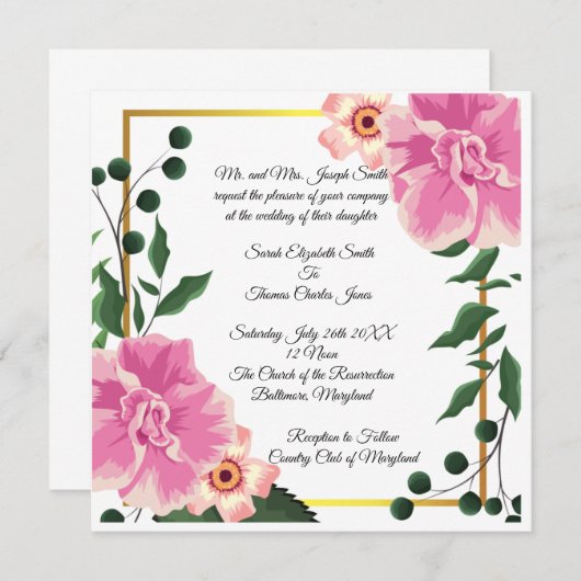 フォーマルな言葉遣いのピンクとグリーンの花柄の結婚式 招待状 (正面/裏面)
