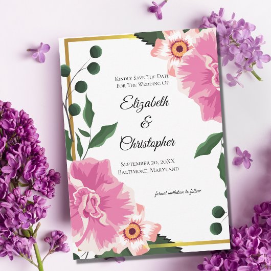 フォーマルな言葉遣いのピンクとグリーンの花柄のSave The Date セーブザデート