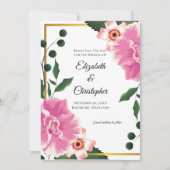 フォーマルな言葉遣いのピンクとグリーンの花柄のSave The Date セーブザデート (正面)