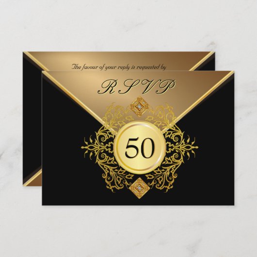 フォーマルな金ゴールドの黒の第50誕生日記念日RSVP 出欠カード (正面/裏面)
