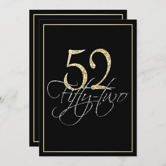 フォーマルな銀製の黒および金ゴールドの第52誕生会 招待状 (正面/裏面)