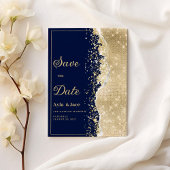 フォーマルな高級感漂うネイビーブルーとゴールドのスパンコールが輝く結婚式のSave the Date 招待状