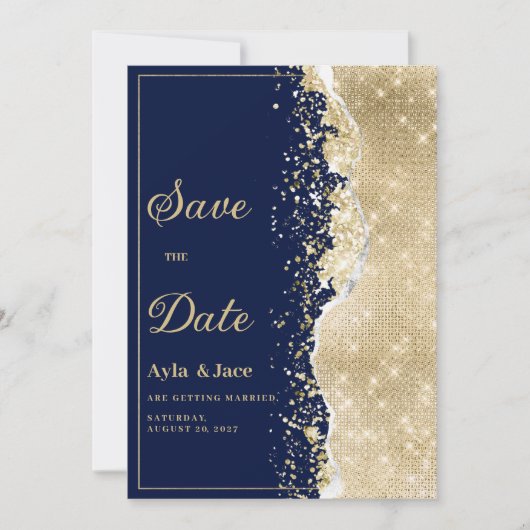 フォーマルな高級感漂うネイビーブルーとゴールドのスパンコールが輝く結婚式のSave the Date 招待状 (正面)