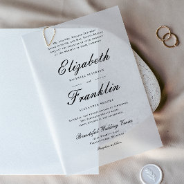 フォーマルな黒と白の結婚式 オーナメントスクリプト ベラム紙招待状