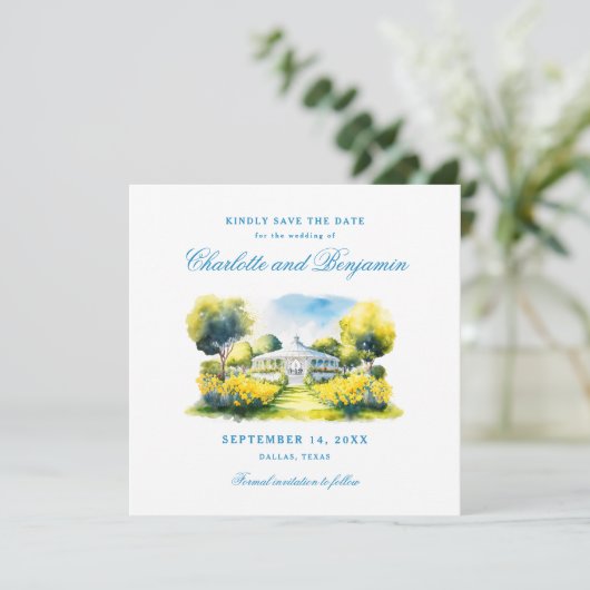 フォーマルエレガント結婚ブルーモノグラムクレストカスタム セーブザデート (スタンド正面)