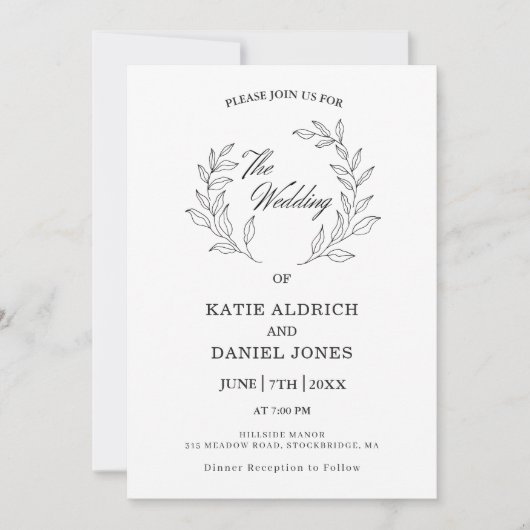 フォーマルエレガント葉白黒QRコード結婚s 招待状 (正面)