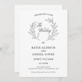 フォーマルエレガント葉白黒QRコード結婚s 招待状 (正面/裏面)