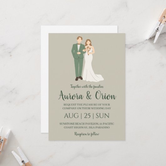 フォーマルクラシックセージ緑結婚式招待状 招待状 (正面/裏面インサイチュ)