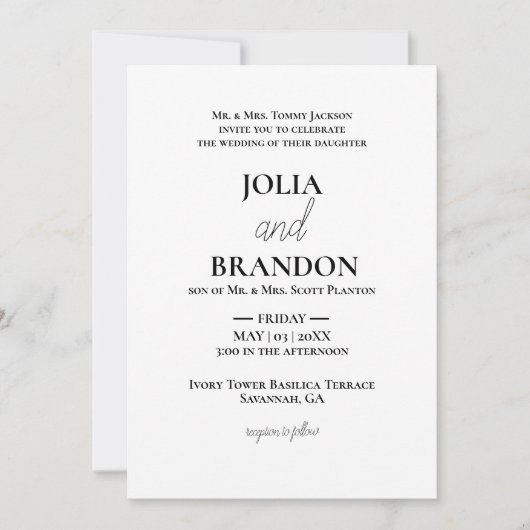 フォーマルクラシックミニマル白と黒結婚の 招待状 (正面)