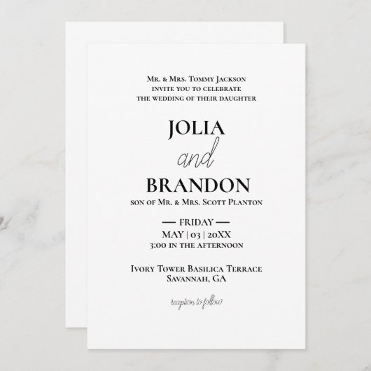 フォーマルクラシックミニマル白と黒結婚の 招待状 (正面/裏面)