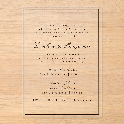 フォーマルクラシック縁どScript Elegant Wedding RSVP アクリル招待状 (正面)