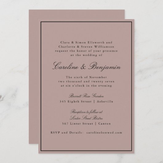 フォーマルクラシック縁どScript MauveのWeb結婚サイト 招待状 (正面/裏面)