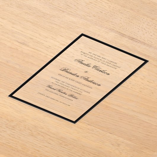 フォーマルクラシック黒と白の縁どスクリプ結婚ト アクリル招待状 (レイダウン)