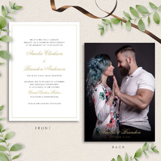 フォーマルクラシック黒と金ゴールドスクリプトの写真結婚 招待状