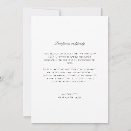 フォーマルクラシック黒・白の台本の写真結婚 サンキューカード (裏面)