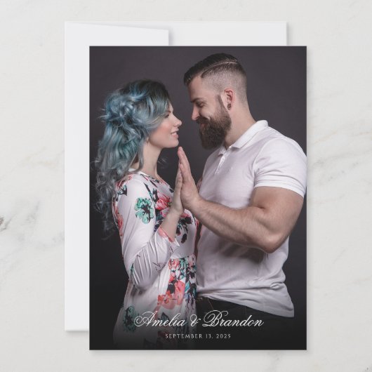 フォーマルクラシック黒・白の台本の写真結婚 招待状 (裏面)