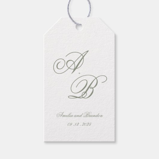 フォーマルクラシックSage Green Monogramスクリプ結婚ト ギフトタグ (正面)