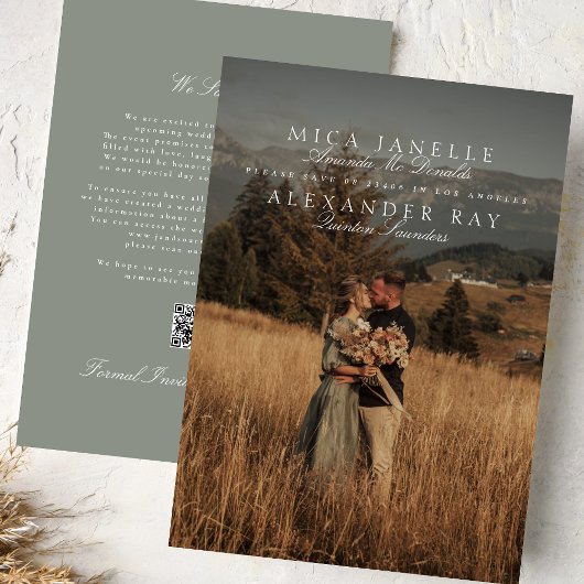 フォーマルクラシックSage Green Names写真QRコード セーブザデート