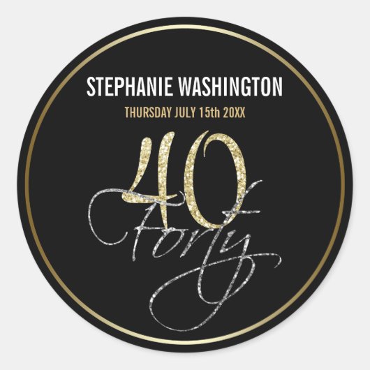フォーマルシルバーブラックと金ゴールド40歳の誕生日パーティー ラウンドシール (正面)
