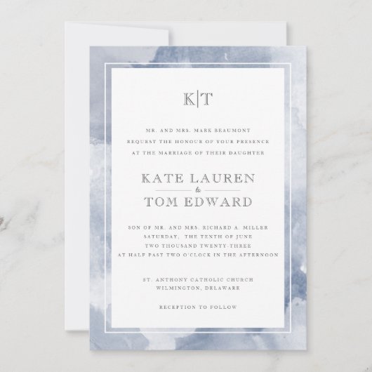 フォーマルダスティブルーウォーター色モノグラム結婚ズ 招待状 (正面)