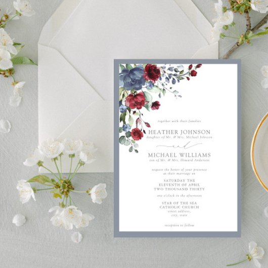 フォーマルダスティブルーブルゴーニュ水カラーフローラ 招待状