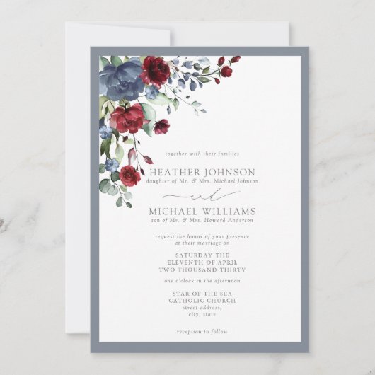 フォーマルダスティブルーブルゴーニュ水カラーフローラ 招待状 (正面)