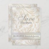 フォーマルパールホワイトダマスクウェディング・セーブ・ザ・デート 案内ポストカード (正面/裏面)