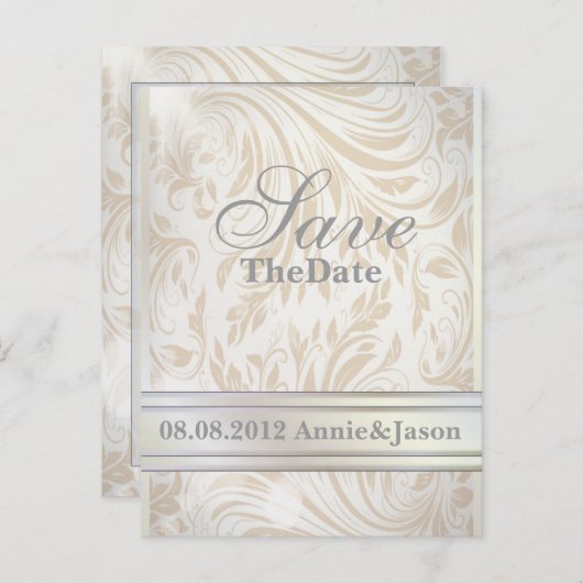 フォーマルパールホワイトダマスクウェディング・セーブ・ザ・デート 案内ポストカード (正面/裏面)
