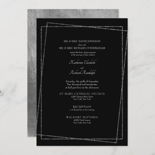 フォーマルブラック&メタリックシルバー幾何結婚の 招待状 (正面/裏面)
