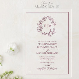 フォーマルブルゴーニュの葉冠モノグラム結婚の アクリル招待状