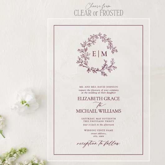 フォーマルブルゴーニュの葉冠モノグラム結婚の アクリル招待状