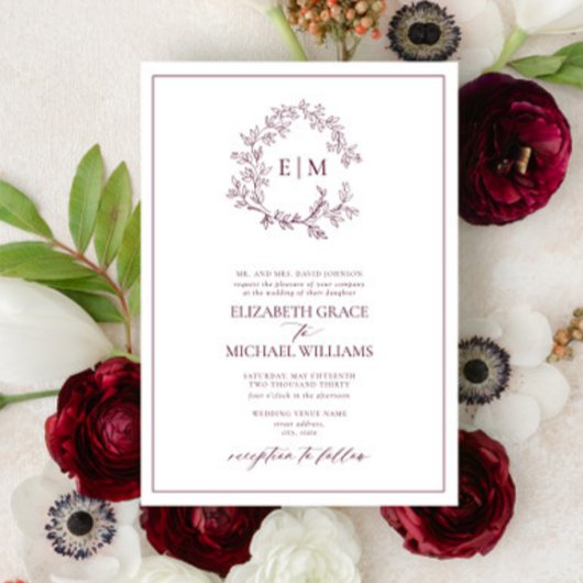 フォーマルブルゴーニュの葉冠モノグラム結婚の 招待状