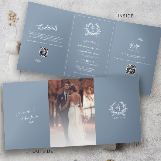 フォーマルブルーフォトQRコードRSVP結婚式詳細 三つ折りカード