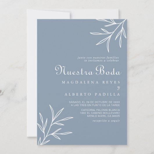 フォーマルミニマルダスティブルーヌエストラ結婚ボーダ 招待状 (正面)