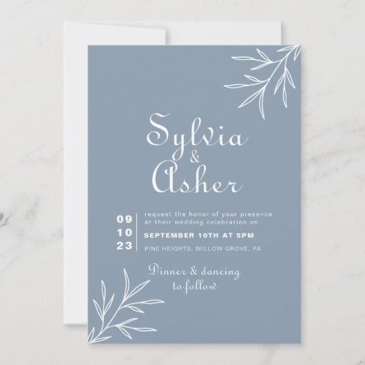 フォーマルミニマルダスティブルー前面と背面結婚の 招待状 (正面)