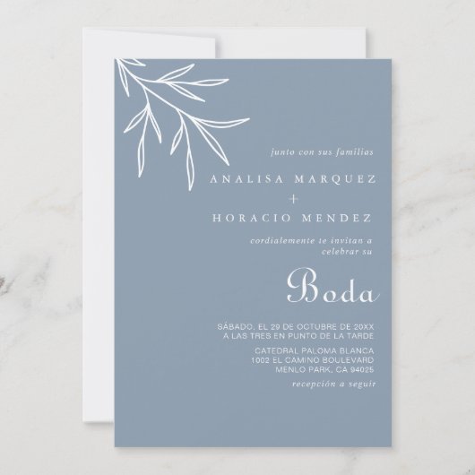 フォーマルミニマルダスティブルー結婚ボーダ 招待状 (正面)